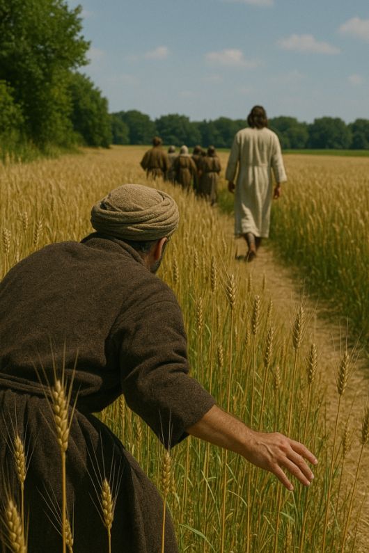 Ein Spion schleicht Jesus und seinen J&uuml;nger:innen nach und beobachtet sie beim &Auml;hrenabrei&szlig;en am Sabbat